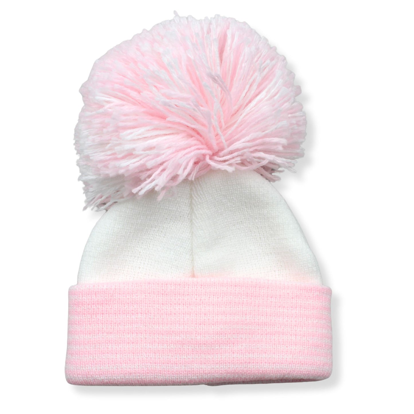 White and Pink Wool Pom Baby Hat