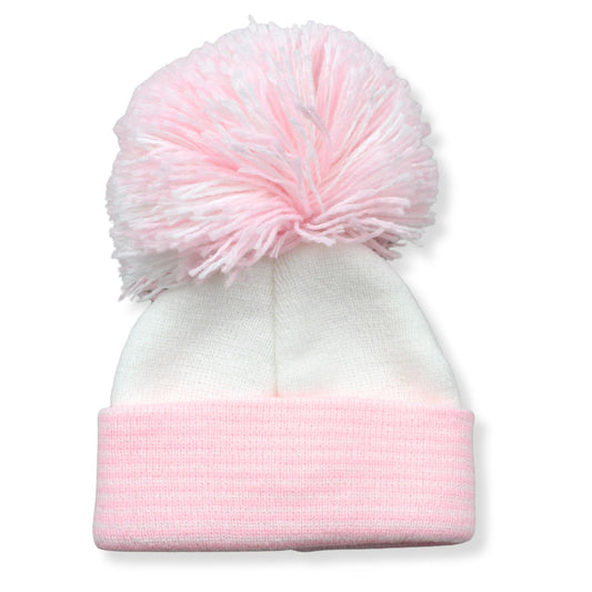 White and Pink Wool Pom Baby Hat