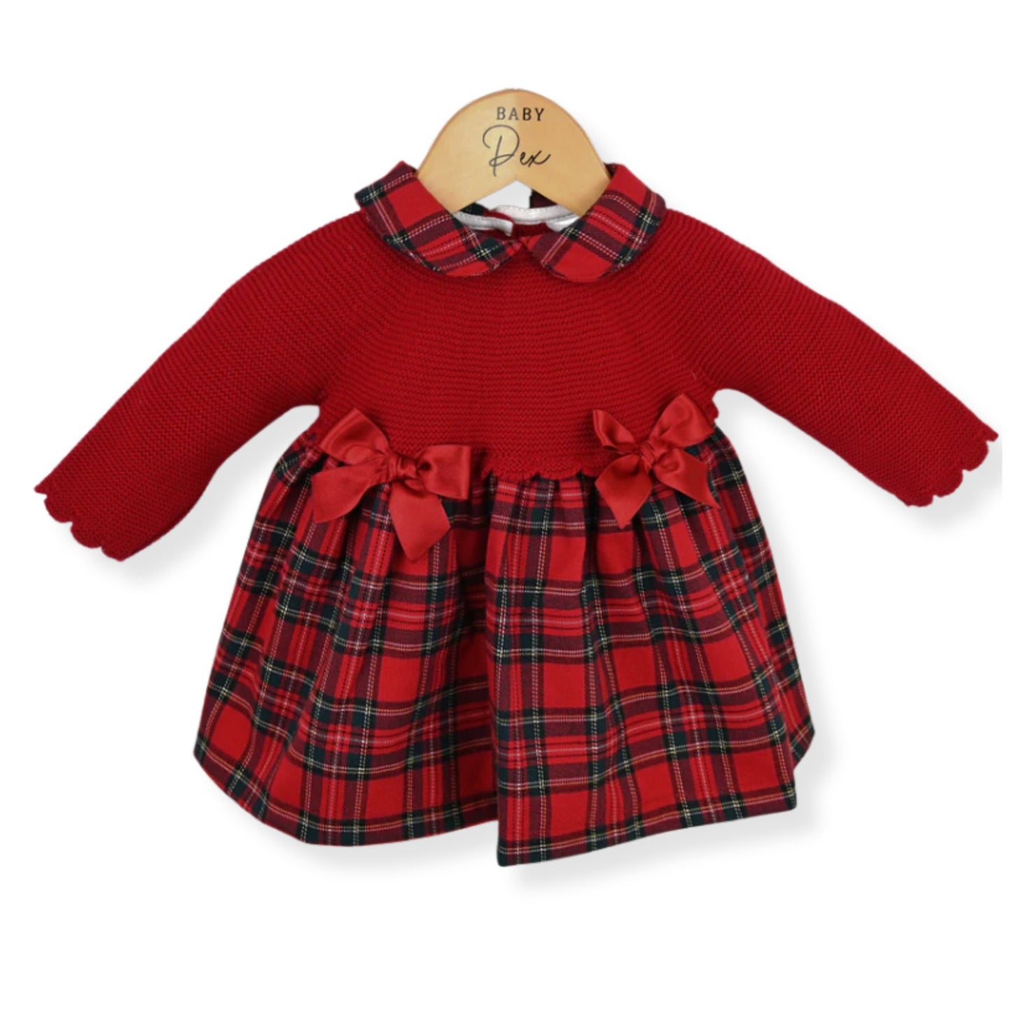 Red baby dress with plaid skirt and collar on a white background