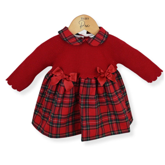 Red baby dress with plaid skirt and collar on a white background