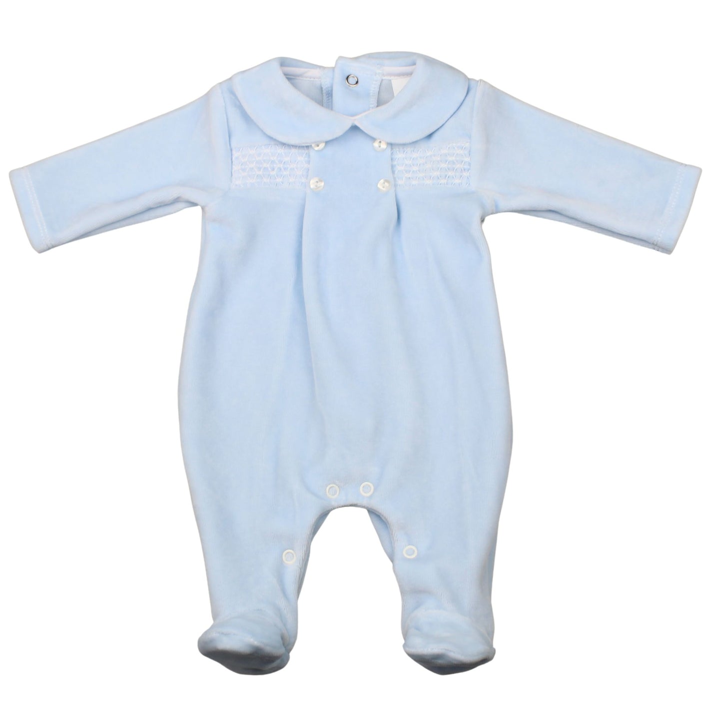 Light blue baby onesie with a collar on a white background