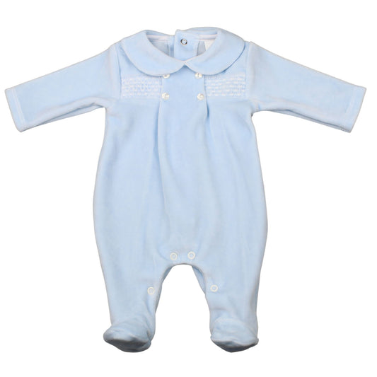 Light blue baby onesie with a collar on a white background