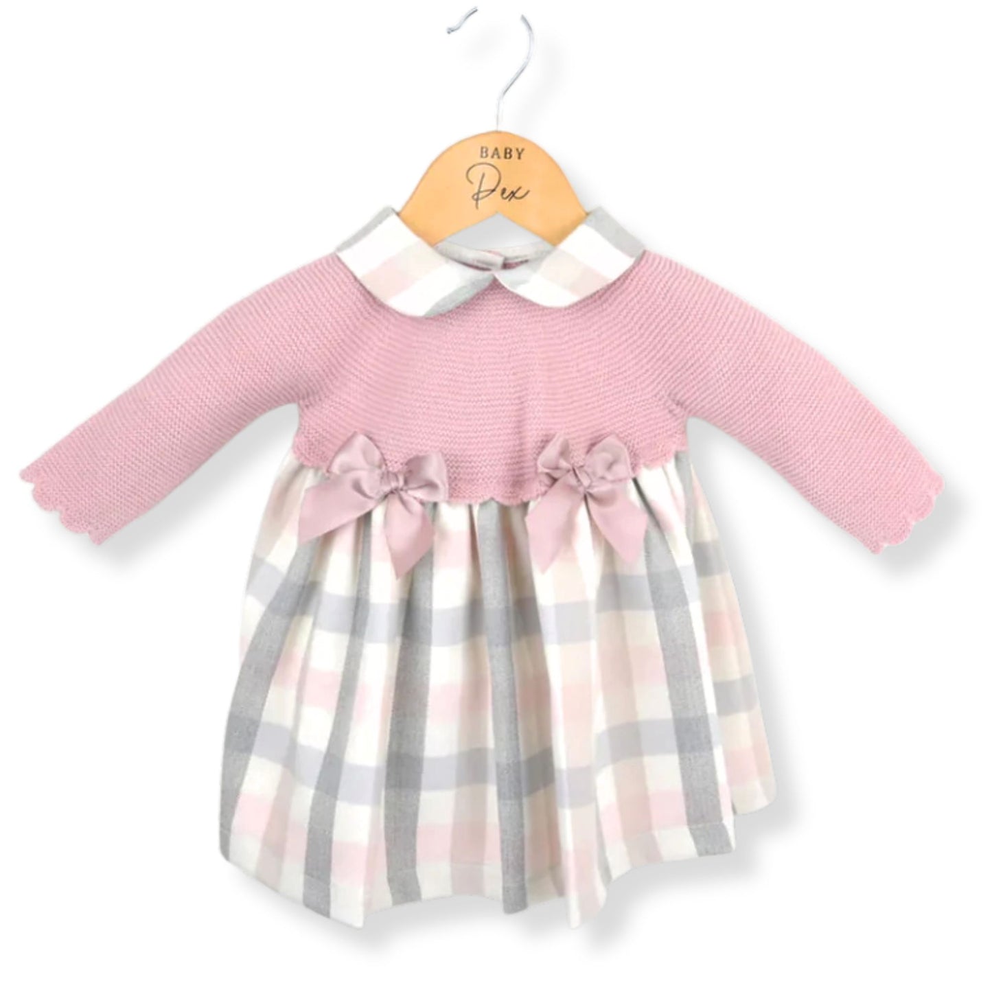 Dusky Pink Knitted Baby Girl Dress with Pastel Check Skirt & Satin Bows – Elegant 2-Piece Look