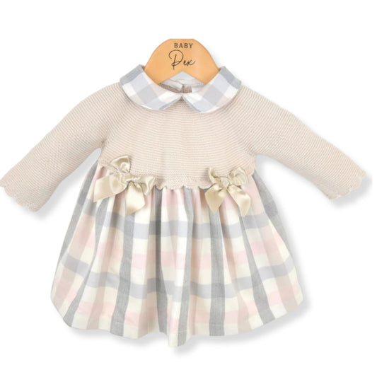 Beige Knitted Baby Girl Dress with Pastel Check Skirt & Satin Bows – Elegant 2-Piece Look