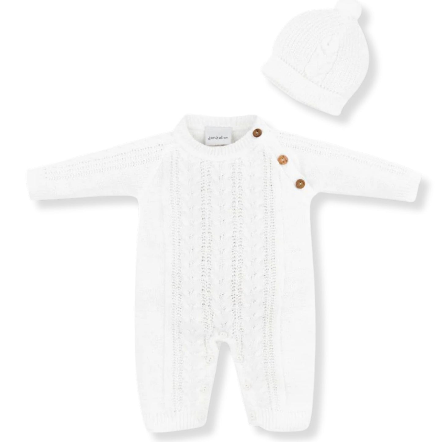White Knitted Baby Romper & Hat Set with Wooden Buttons