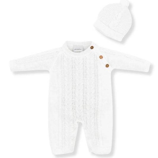 White Knitted Baby Romper & Hat Set with Wooden Buttons