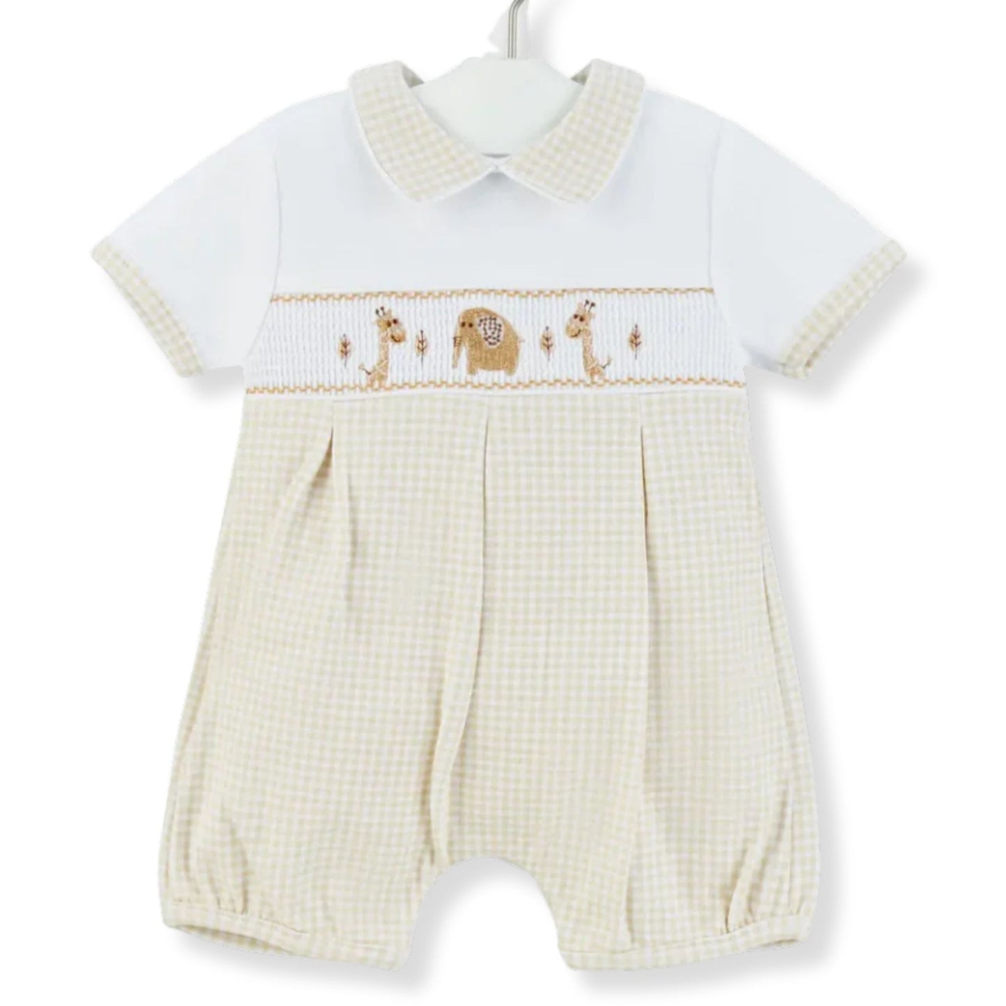 Beige Checked Baby Romper - Smocked Jungle Animals