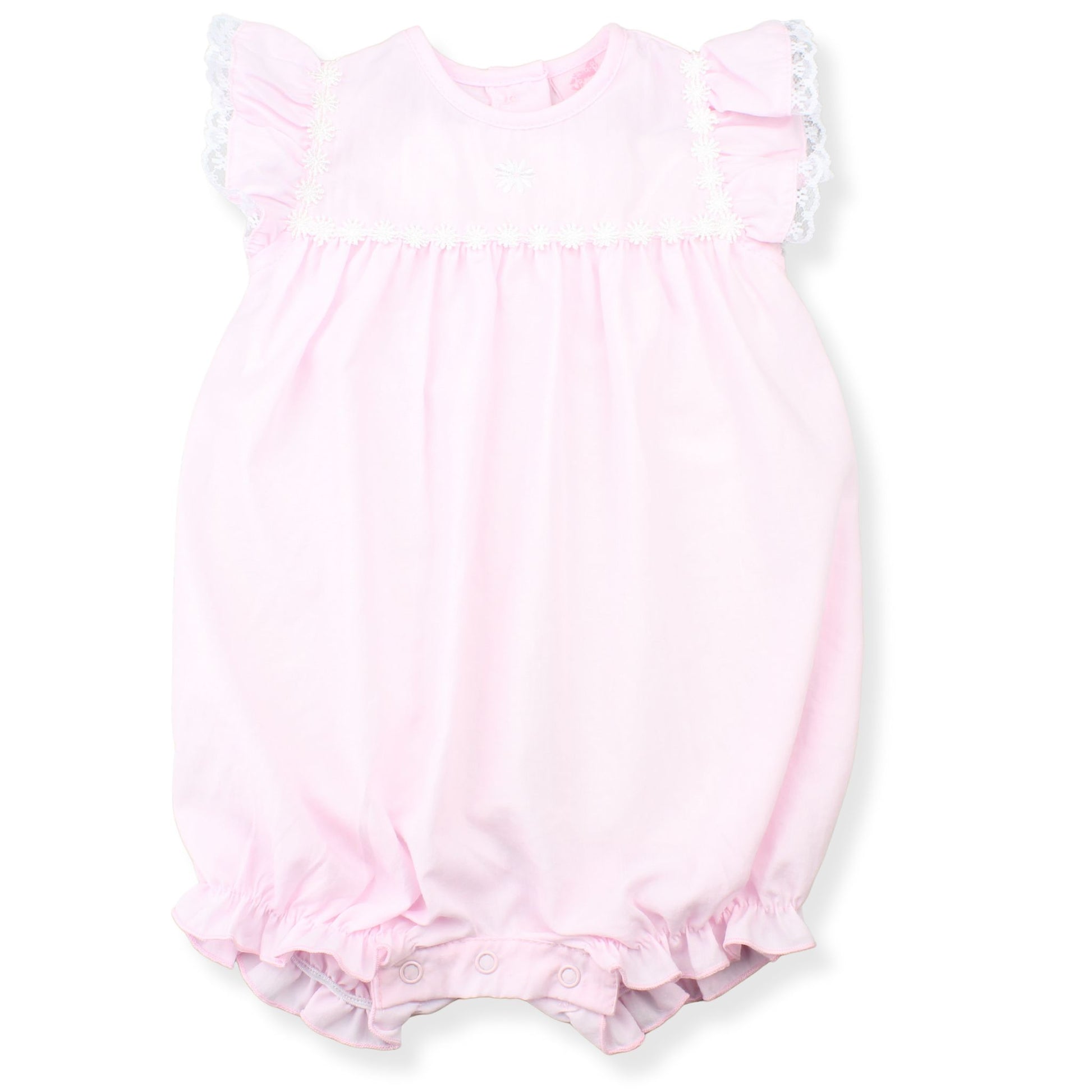 Pink baby romper with ruffled details on a white background