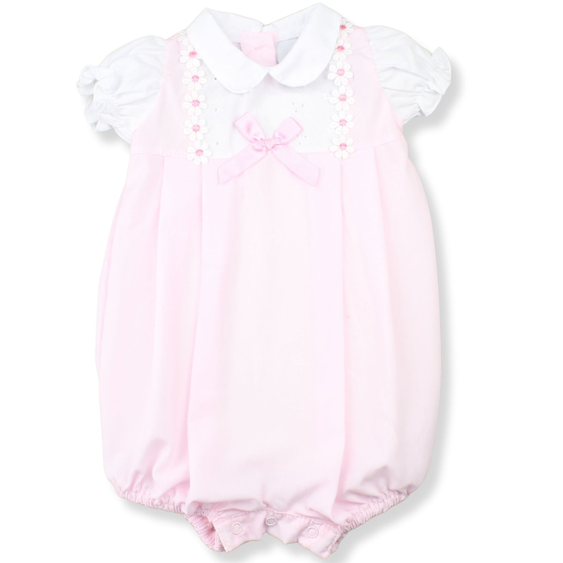 Pink baby romper with white collar on a white background