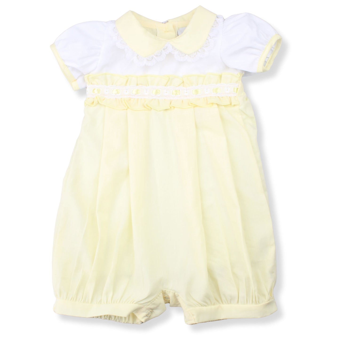 Yellow baby romper with white collar on a white background