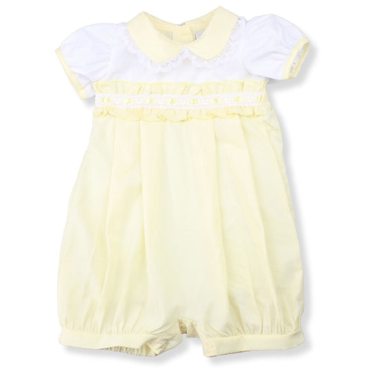 Yellow baby romper with white collar on a white background