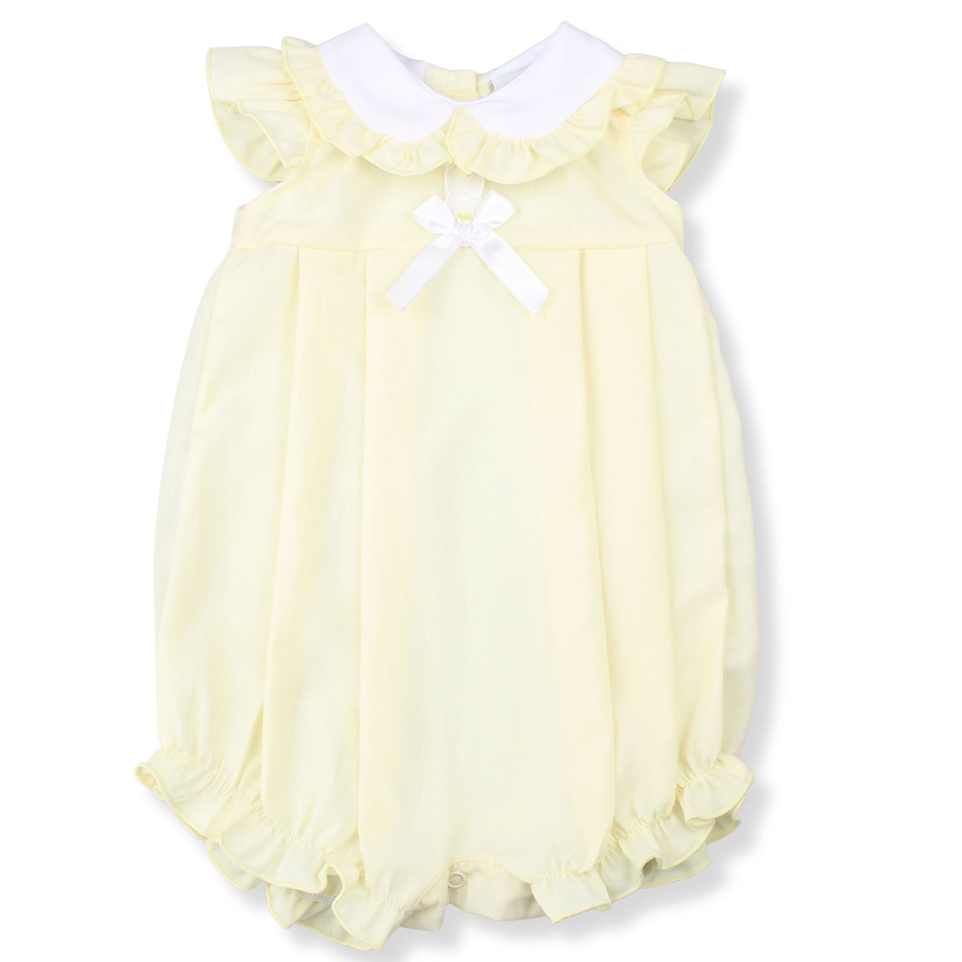 Yellow baby romper with ruffled details on a white background