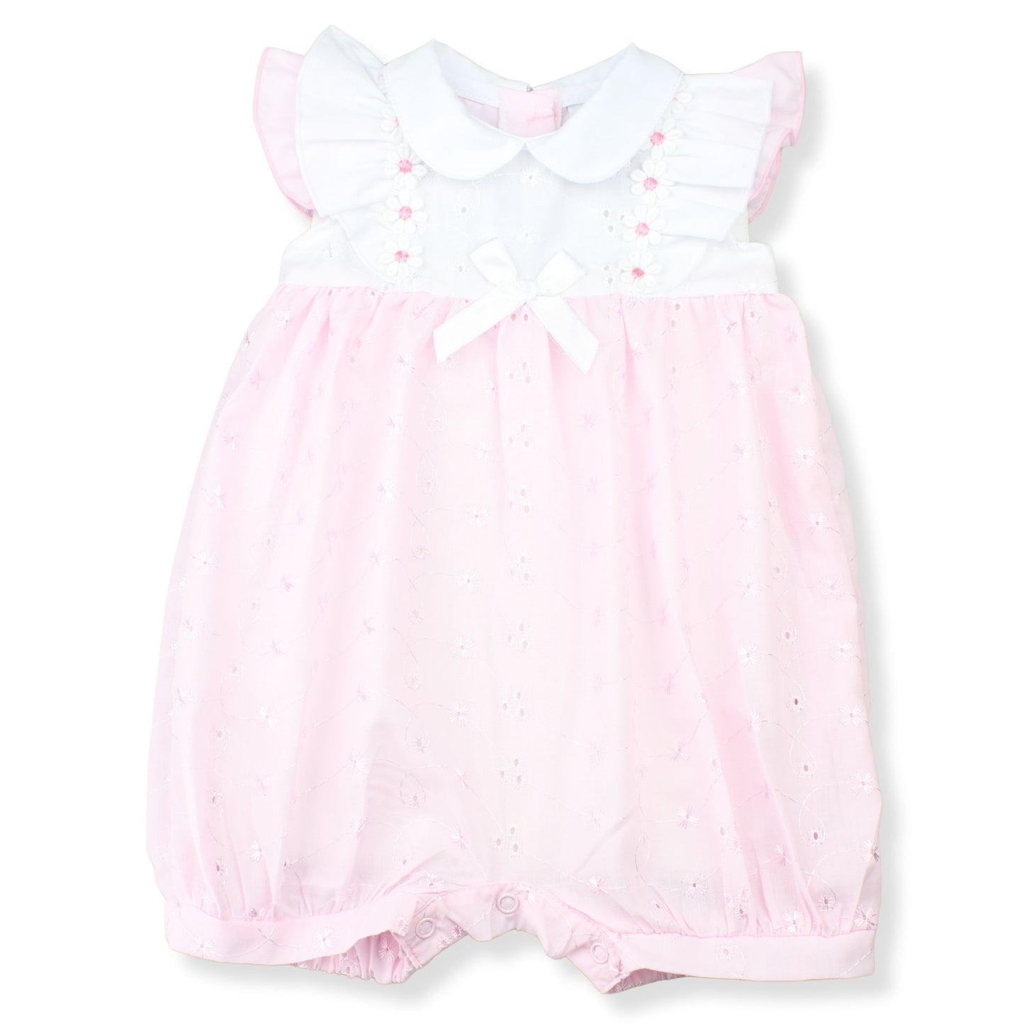 Pink baby romper with white collar on a white background