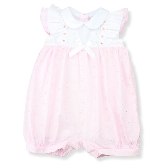 Pink baby romper with white collar on a white background