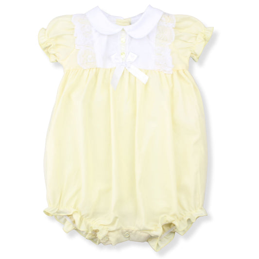 Yellow baby romper with white collar on a white background