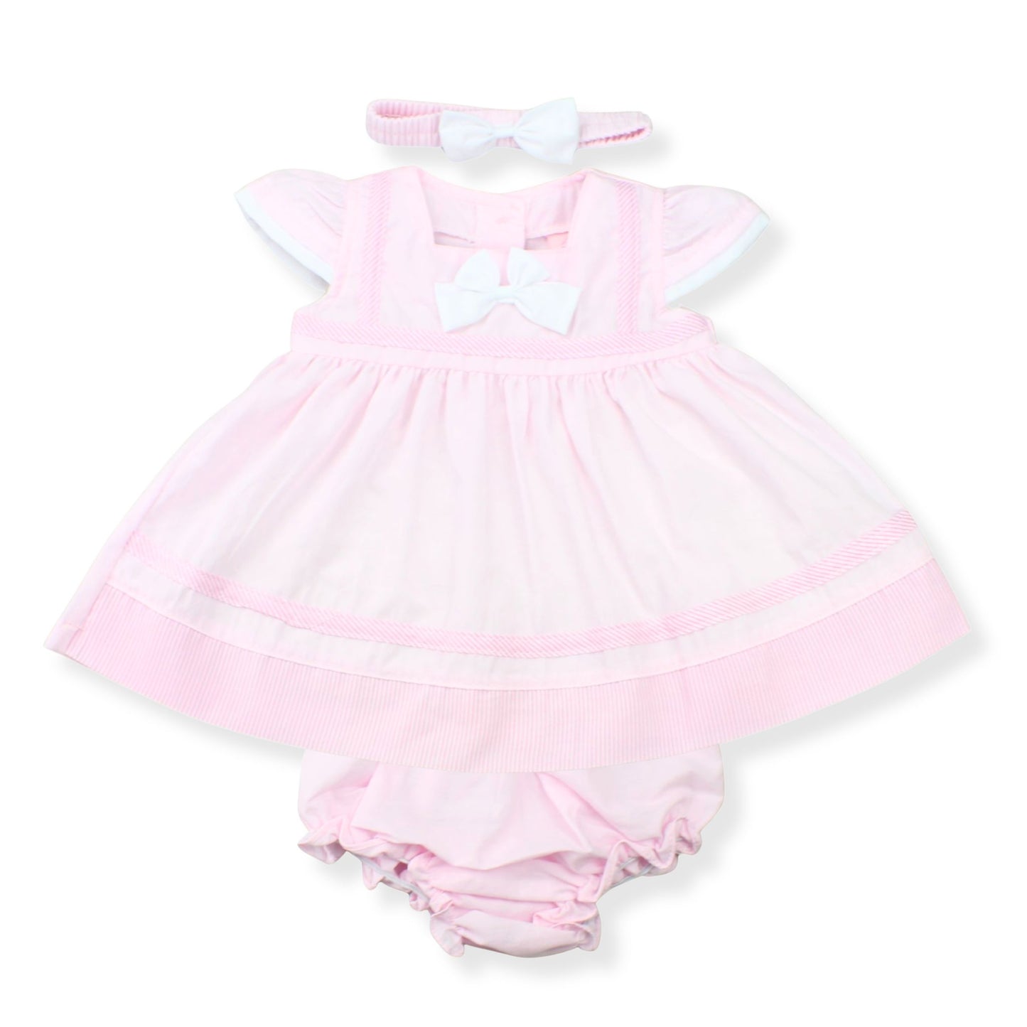 Pink baby dress with white trim and matching headband on a white background