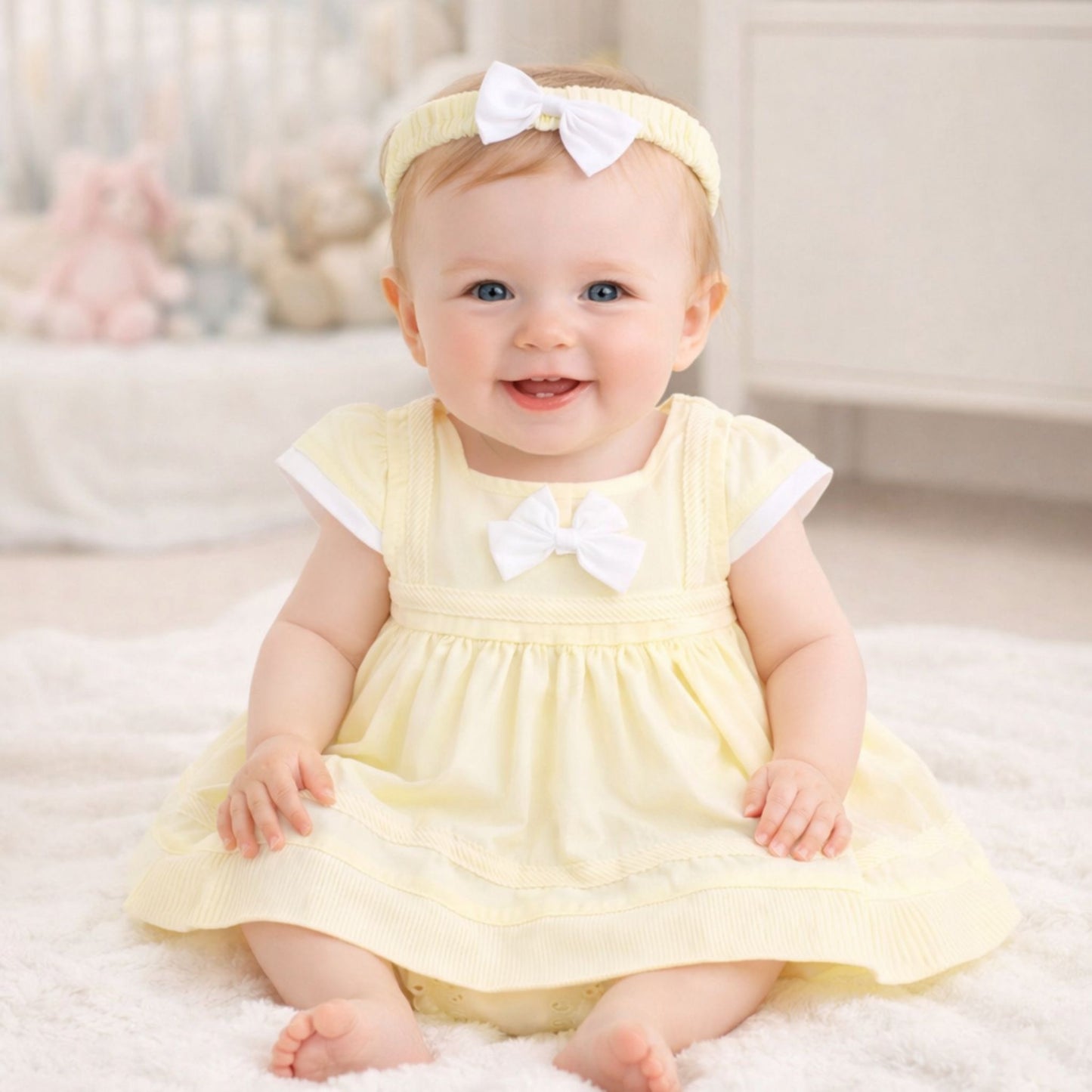 Baby in a yellow dress with white bows sitting on a soft surface.