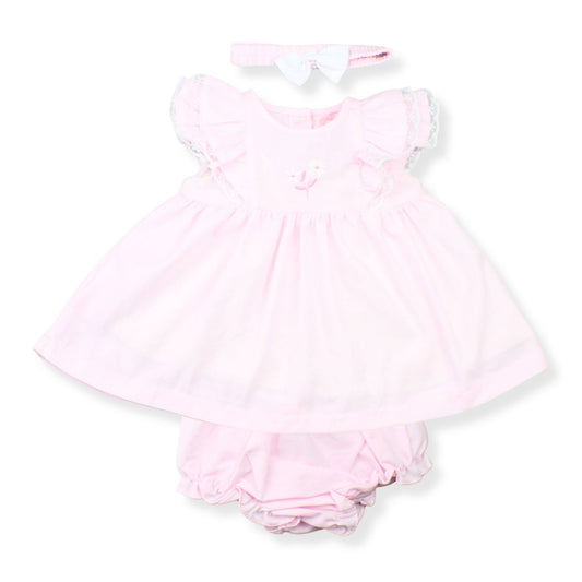 Pink baby dress with matching bloomers on a white background