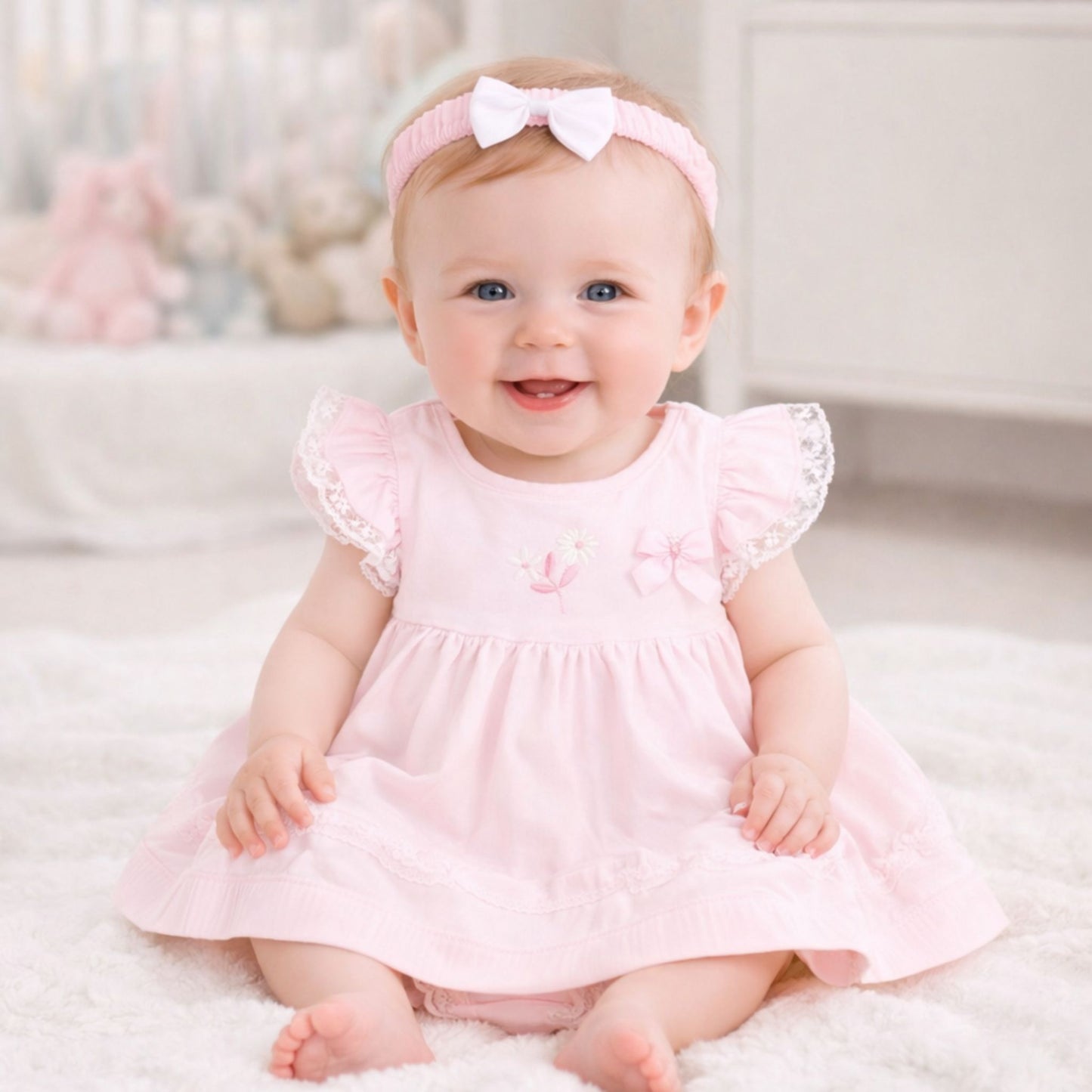 Baby in a pink dress with a bow headband sitting on a white surface.