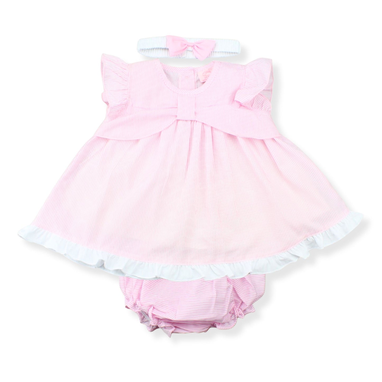 Pink baby dress with white trim on a white background