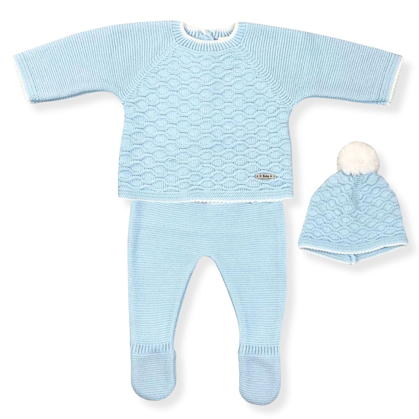 Baby blue knitted outfit with sweater, pants, and hat on a white background