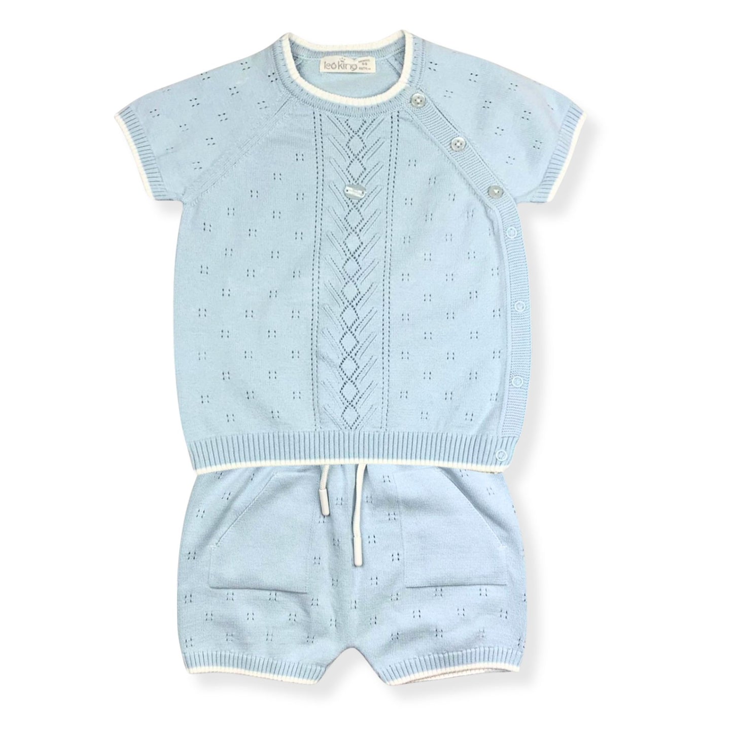 Light blue baby outfit with short-sleeve top and shorts on a white background