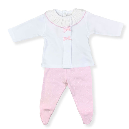 Baby outfit with white top and pink pants on a white background