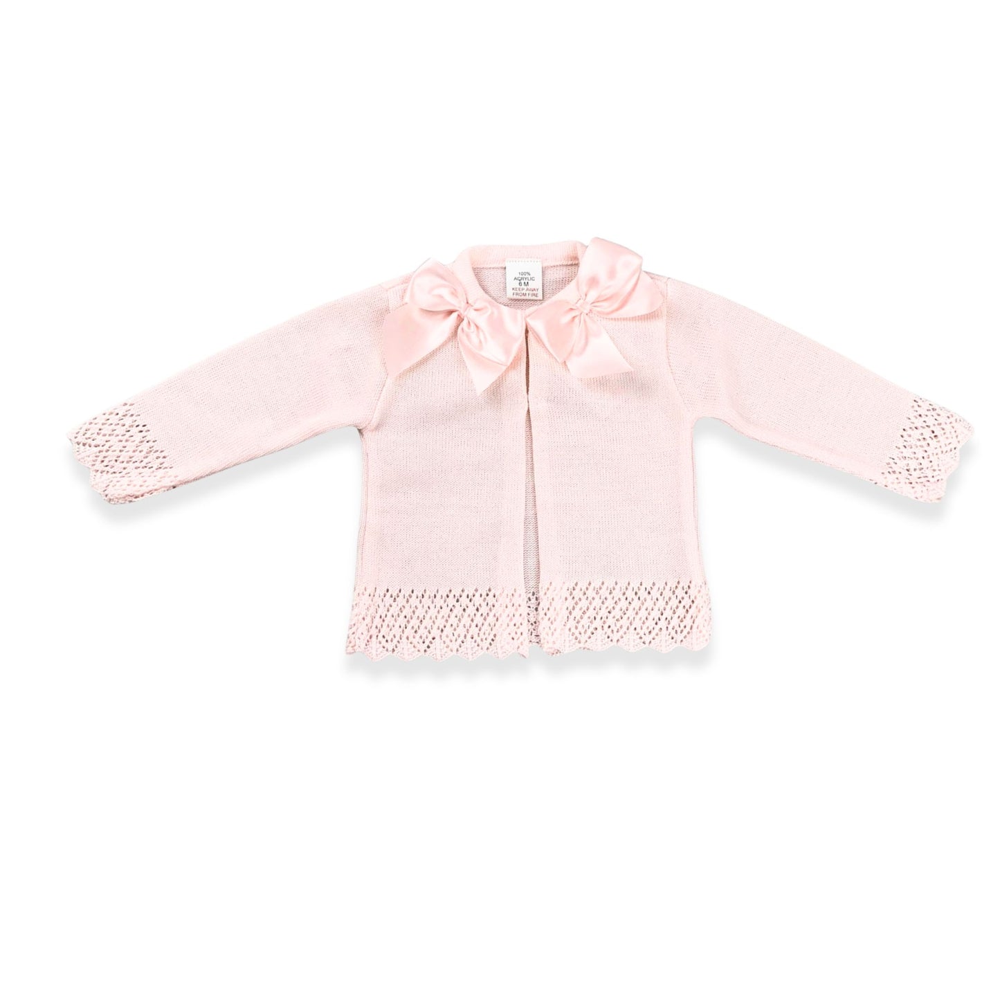 Pink baby jacket with a bow on a white background