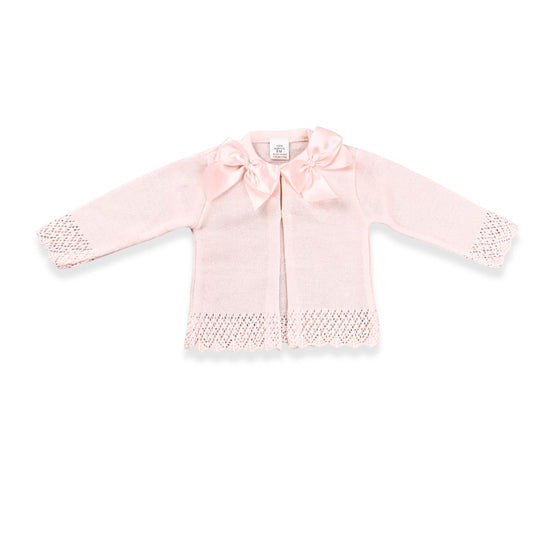 Pink baby jacket with a bow on a white background