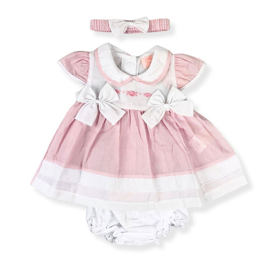 Baby dress set with pink and white stripes, bow details, and matching headband on a white background.