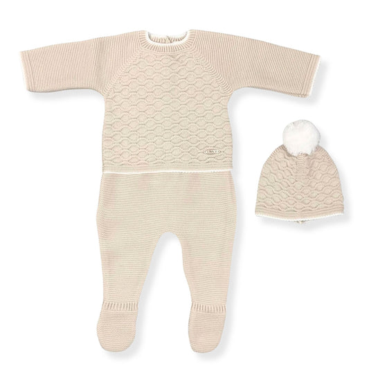beige 3 piece knitted baby outfit in a spanish style with hat