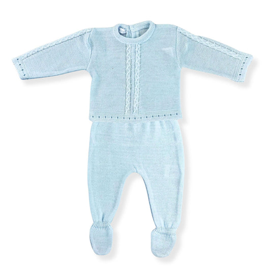 baby blue 2 piece knitted baby boy outfit in a spanish style