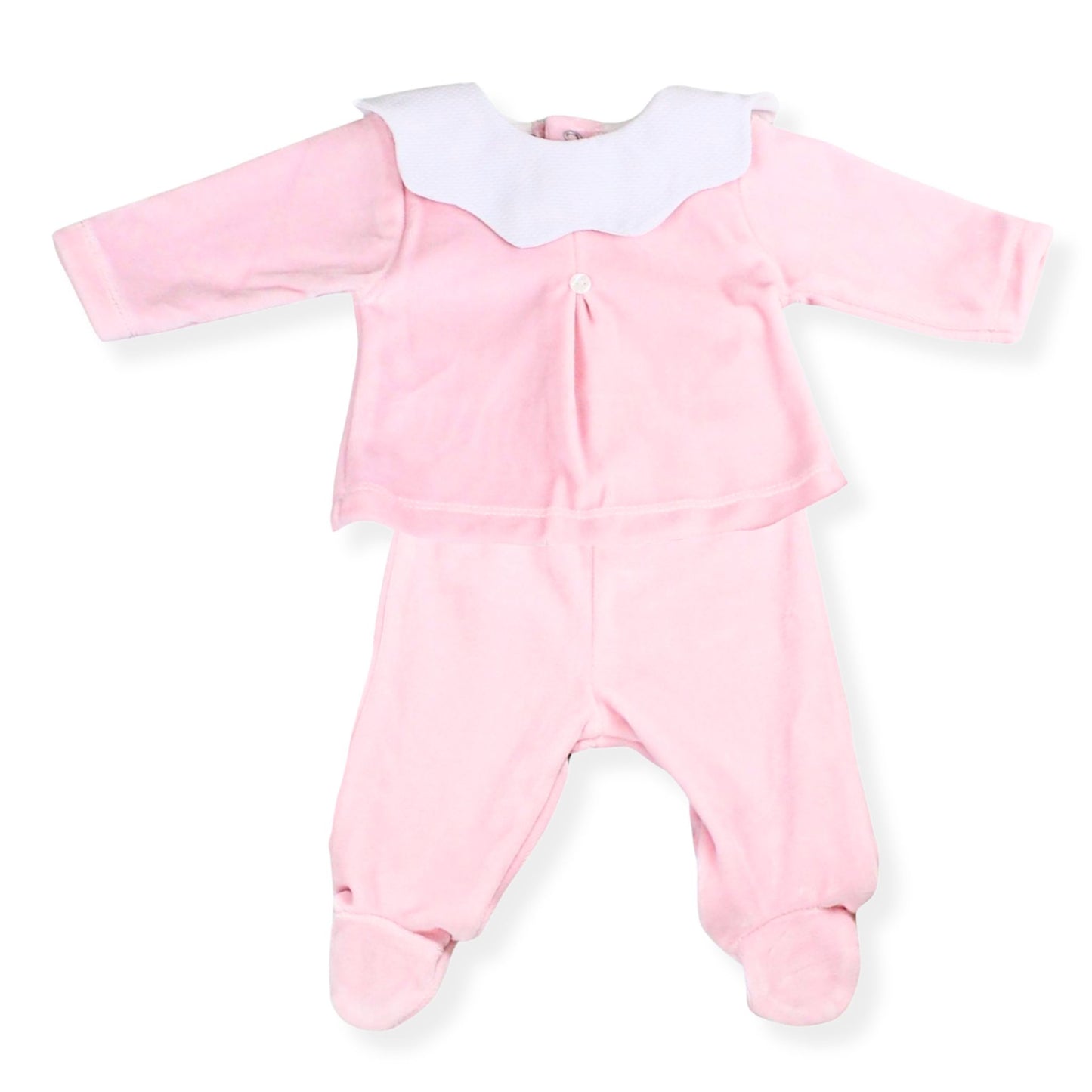 Pink baby outfit with white collar on a white background