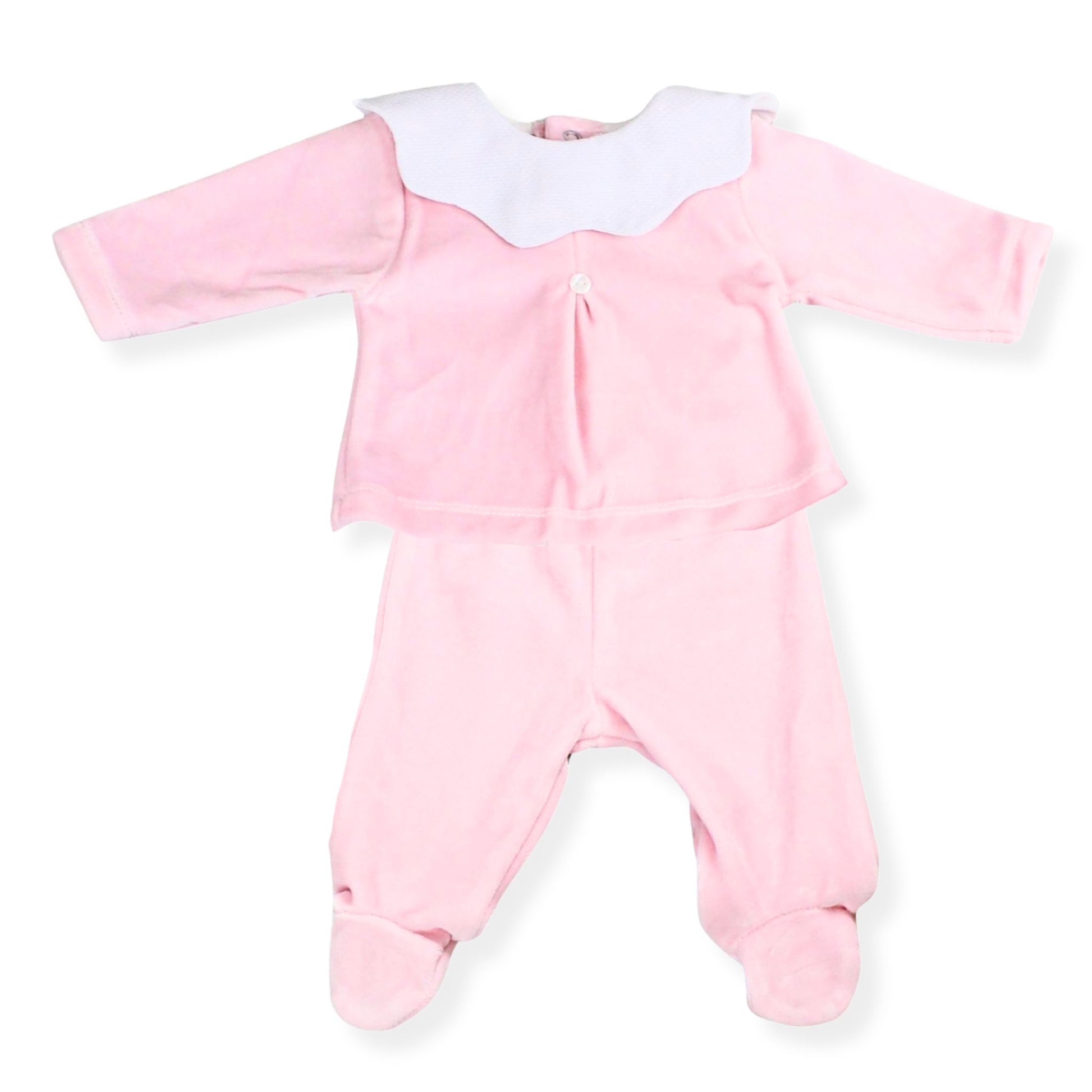 Pink baby outfit with white collar on a white background