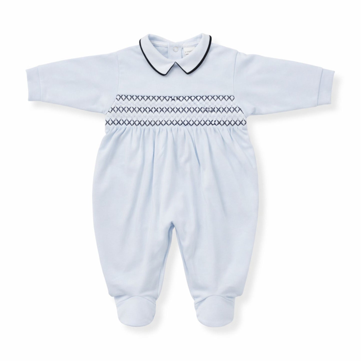Light blue baby babygrow with navy smocking on a white background