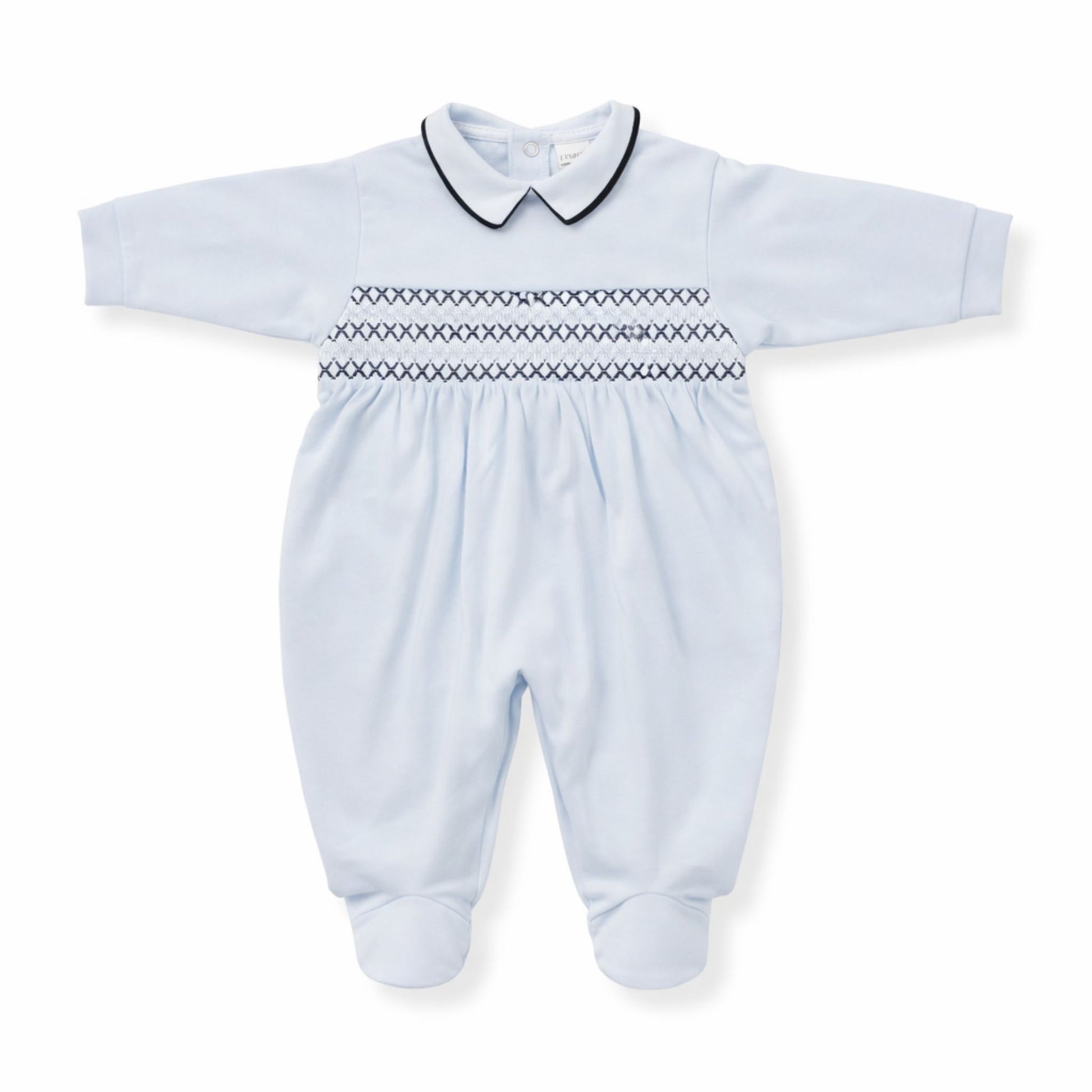 Light blue baby babygrow with navy smocking on a white background