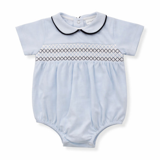 Little Nosh Baby Boys Blue Smocked Romper with Collar