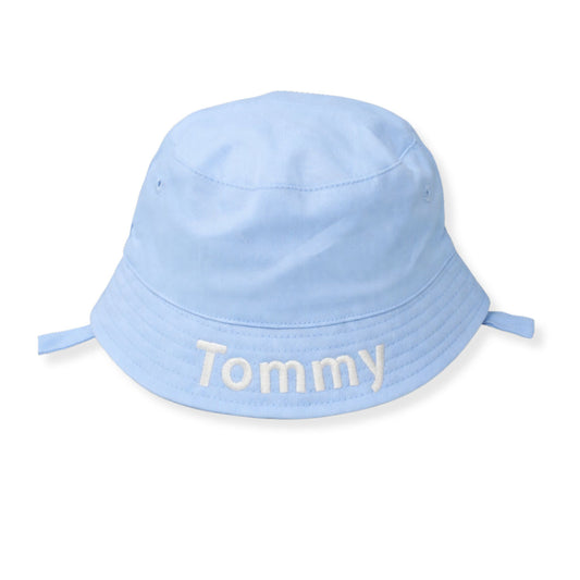 Light blue bucket hat with 'personalised embroidery on a white background
