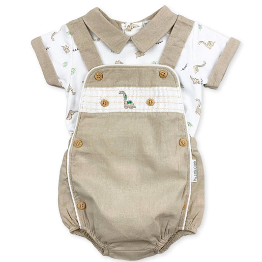 baby boys two piece dinosaur dungarees and shirt