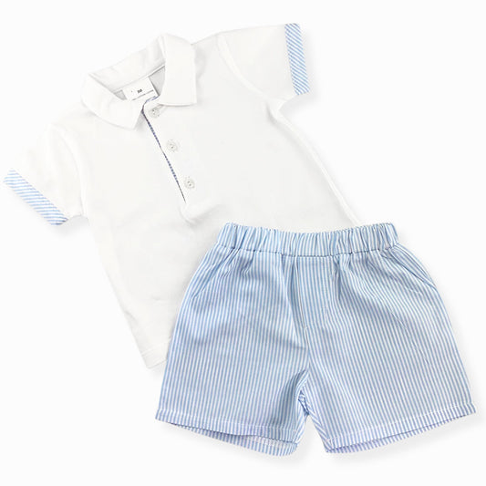 Baby Boys White Polo Shirt & Striped Shorts Set – 100% Cotton