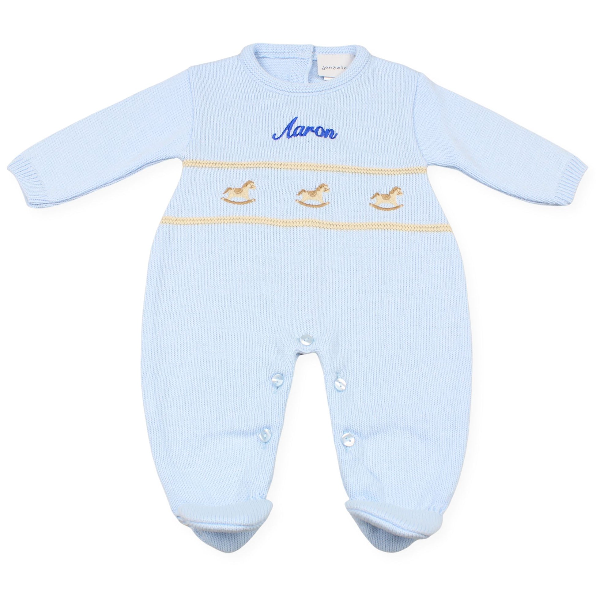 baby boys knitted all in one personalised outfit rocking horse