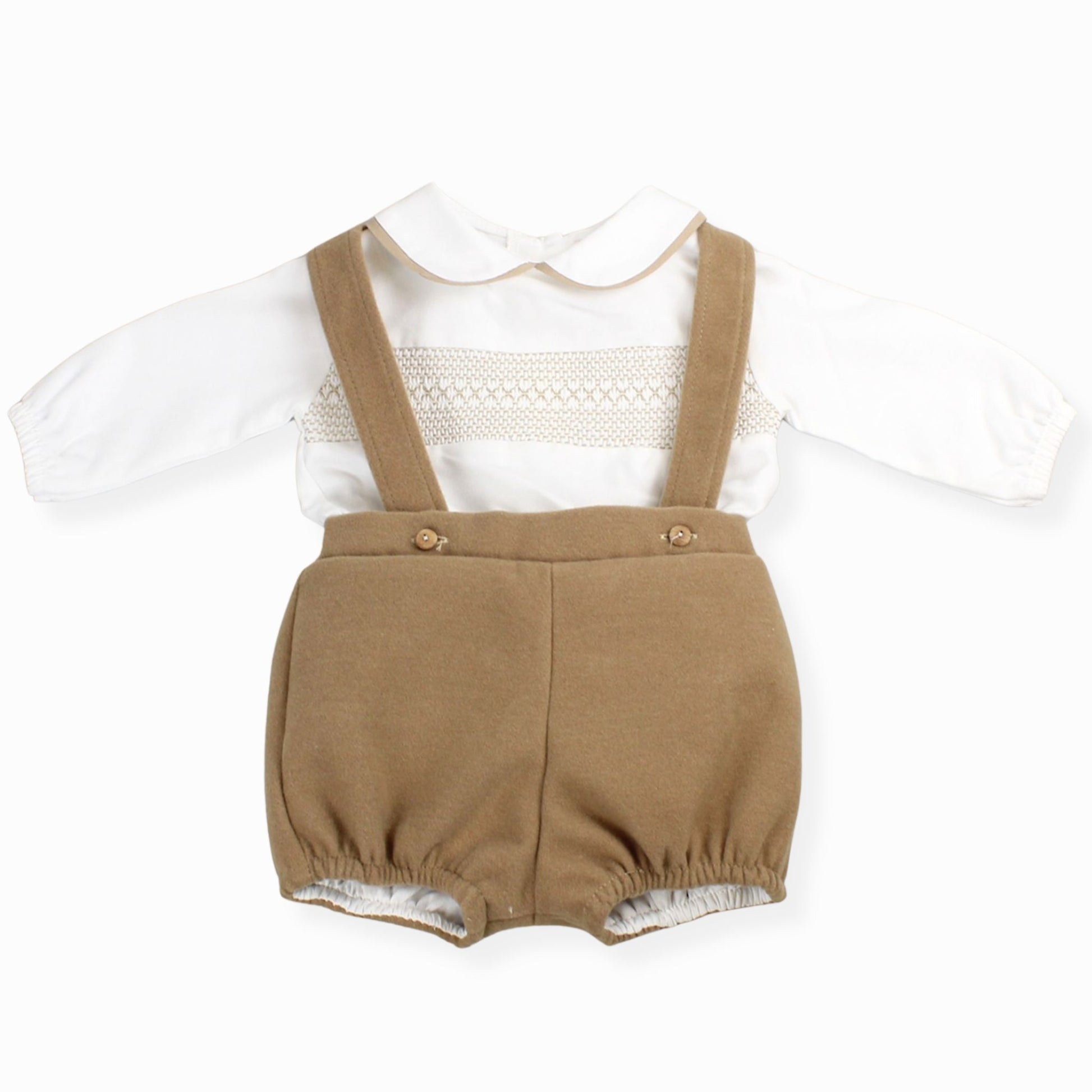 baby boys braces shorts and shirt with smocking beige shorts