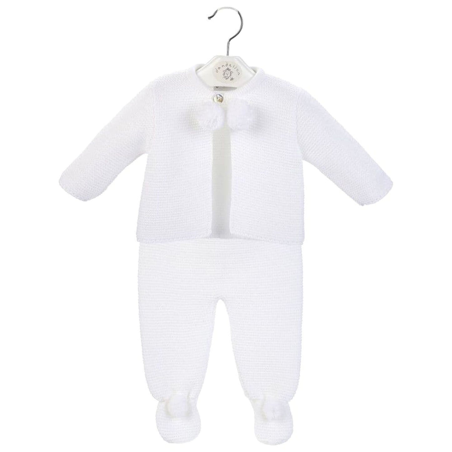 White two piece dadelion pram suit with pom poms in white