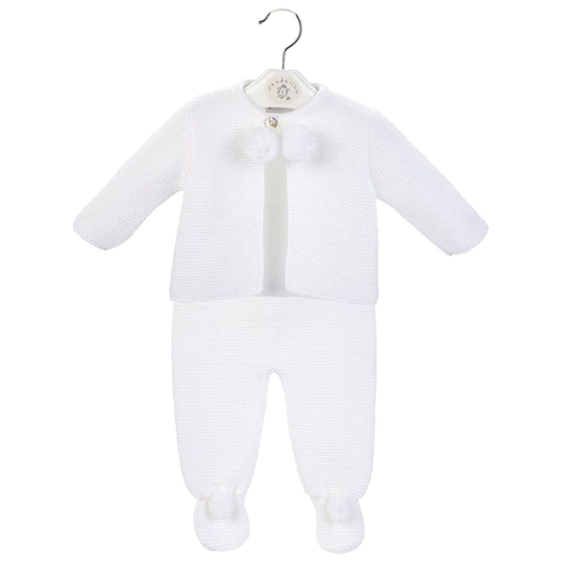 White two piece dadelion pram suit with pom poms in white