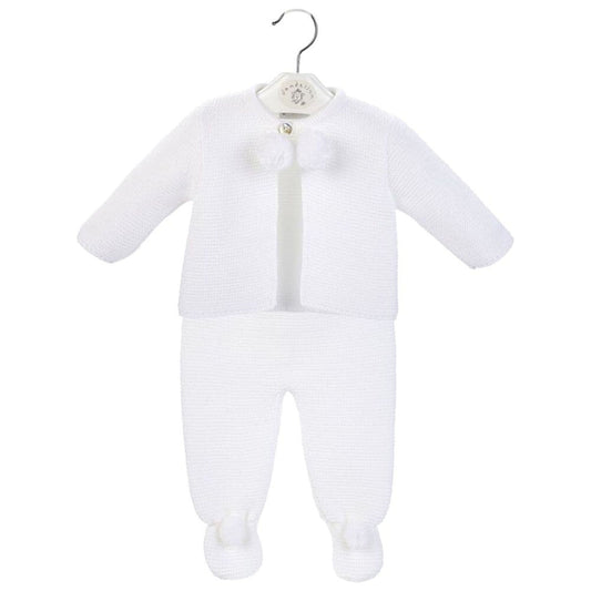 White two piece dadelion pram suit with pom poms in white