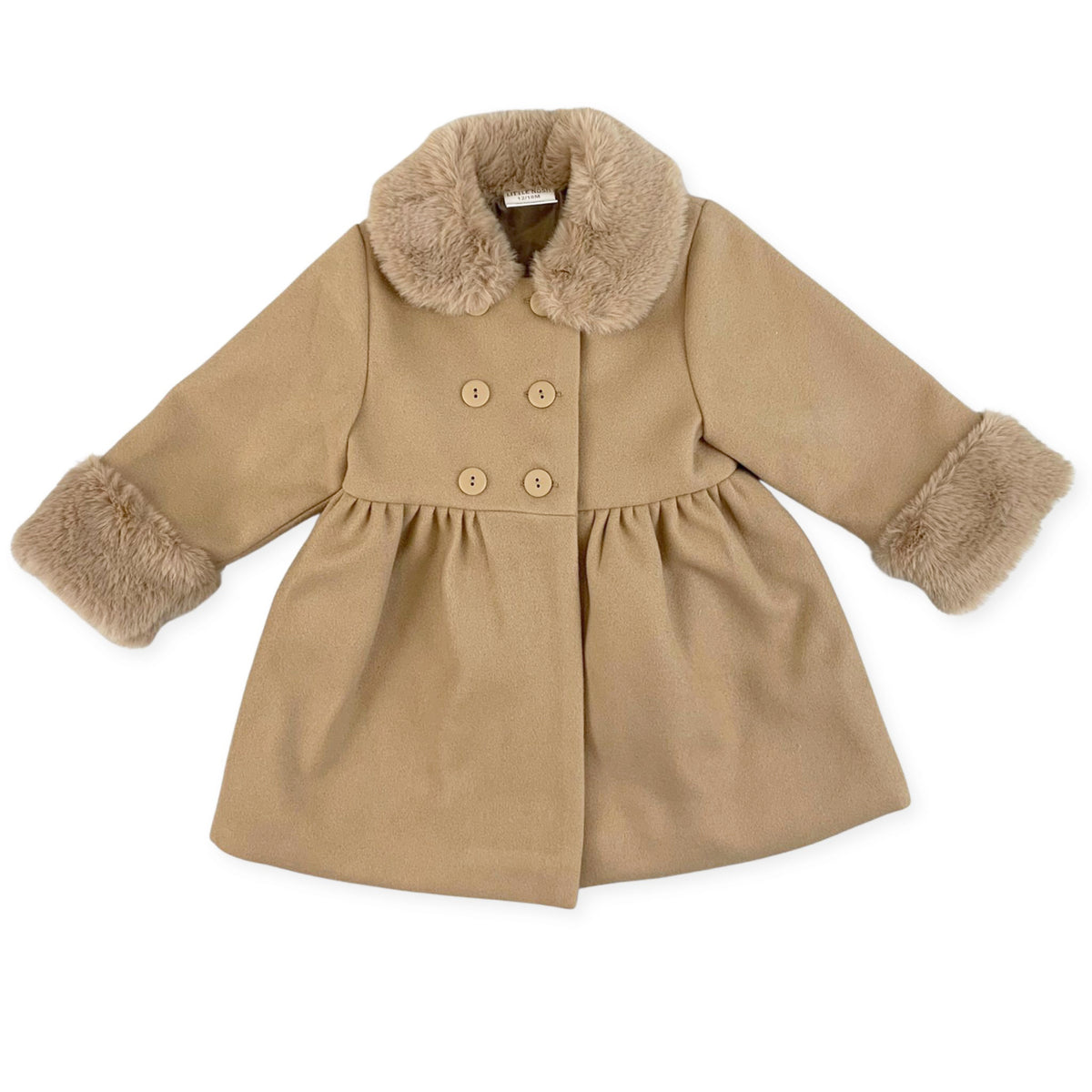 A beige children's coat with a plush faux-fur collar and cuffs, featuring a double-breasted button closure and a gathered waist, shown against a plain white background.