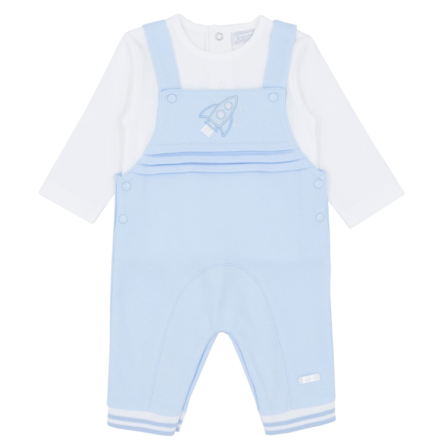 Light blue overalls with a rocket design on a white background