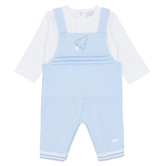 Light blue overalls with a rocket design on a white background