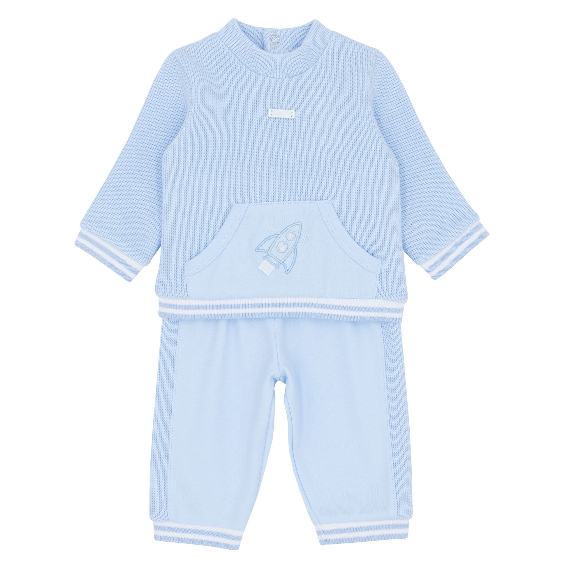Light blue baby outfit with long-sleeve top and pants on a white background