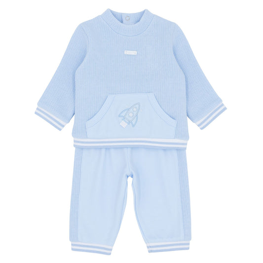 Light blue baby outfit with long-sleeve top and pants on a white background
